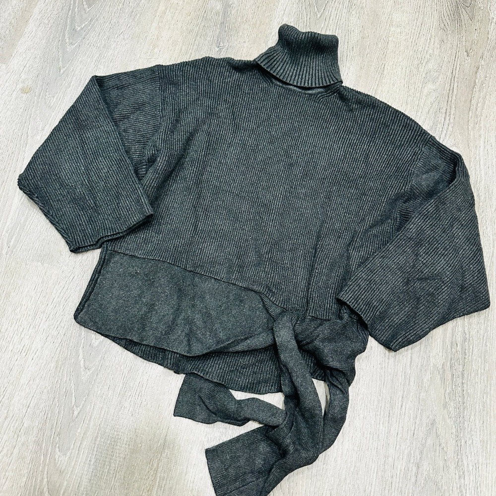 Zara Sweater Womens Small Knit Gray Ribbed Turtleneck Sweater Wrap Tie Waist